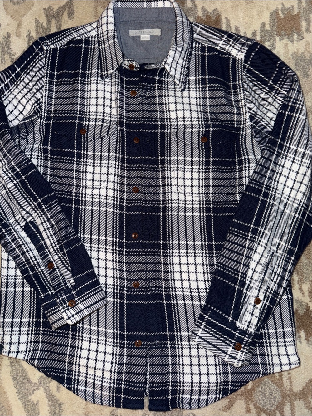 Outerknown Navy and White Plaid Button-Down Blanket Shirt L